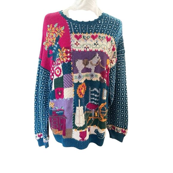 Vintage 80’s Cape Isle Knitters Patchwork Hand Knit Cottagecore Sweater L-RARE - Picture 2 of 13